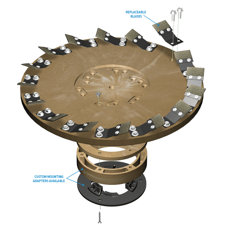 Diamabrush tool diagram showing the blades and machine coupling.